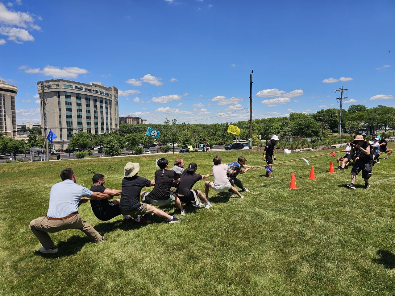 Adults and group playing lively active games